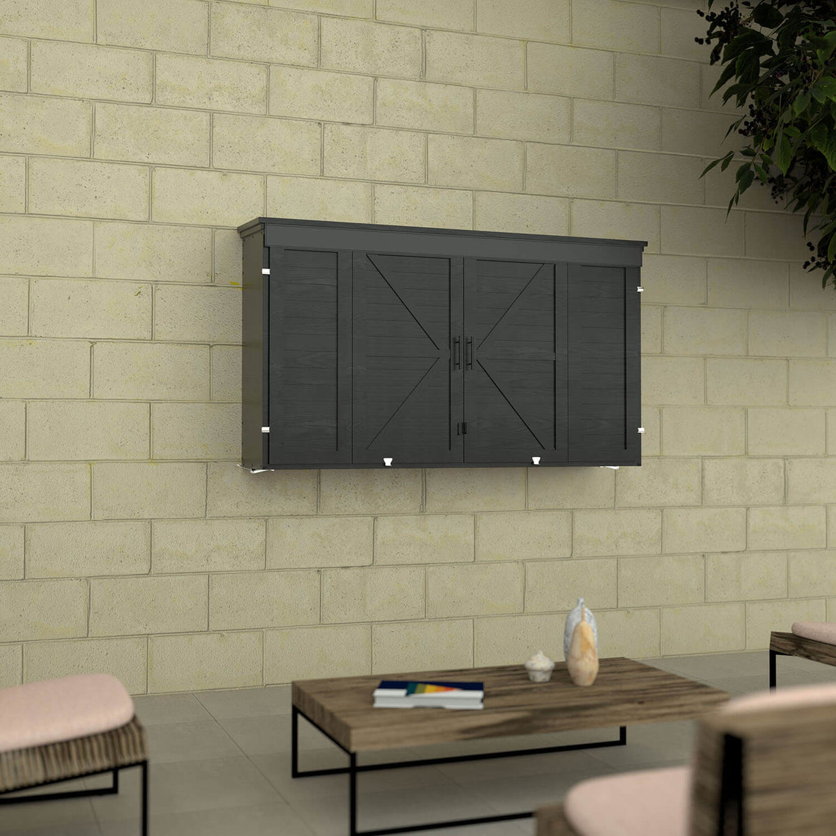 Veikous TV Enclosure for Outside, Waterproof TV Case with Lock and Dual Arms Mount, Wood