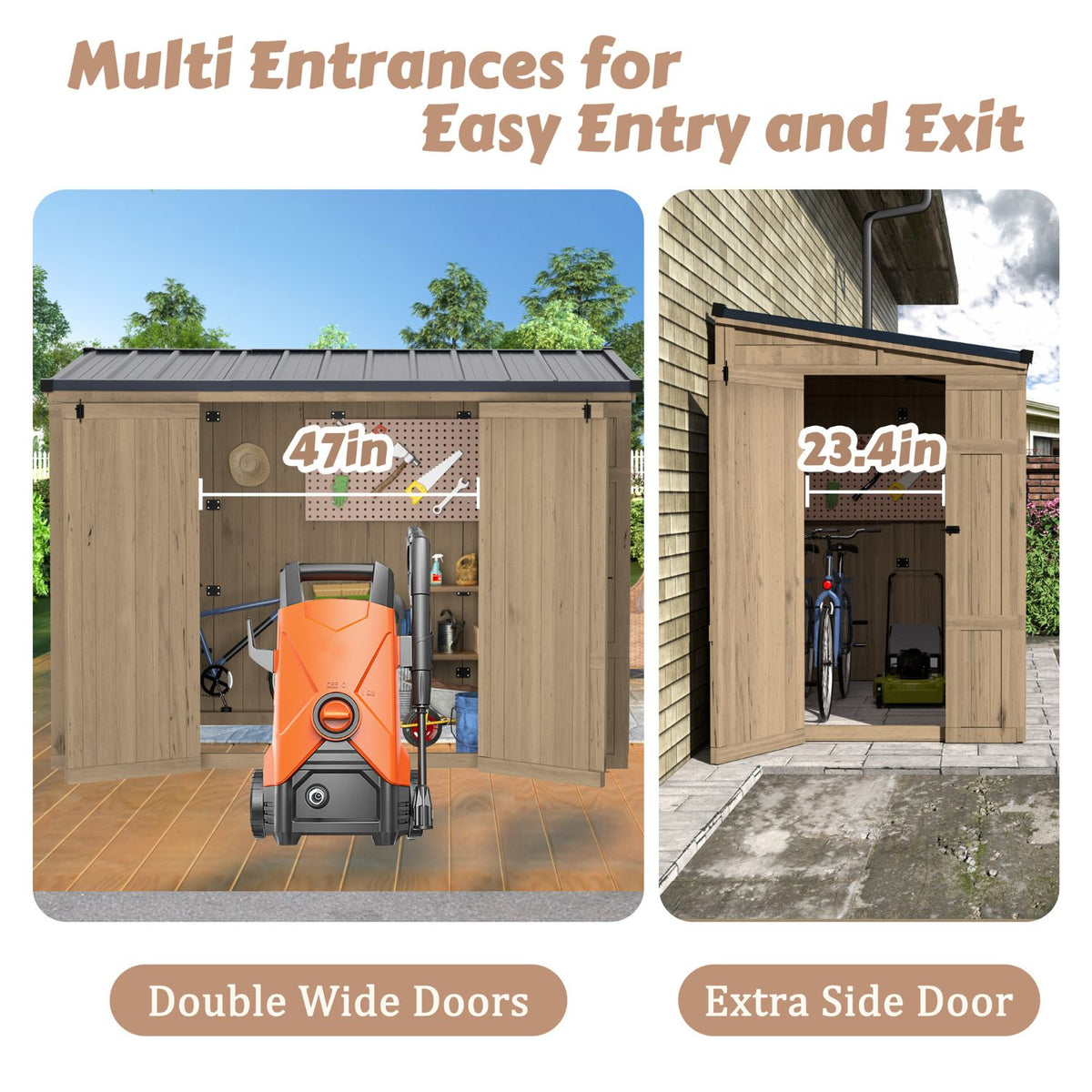 wooden storage shed​ with multi entrances