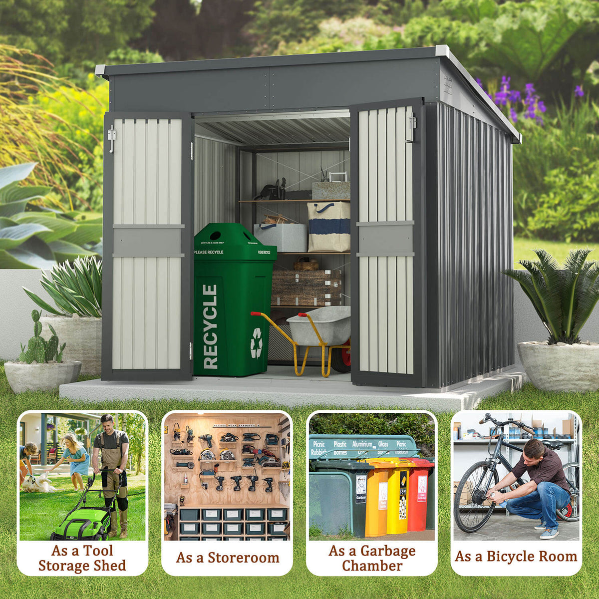 Metal storage shed with two doors