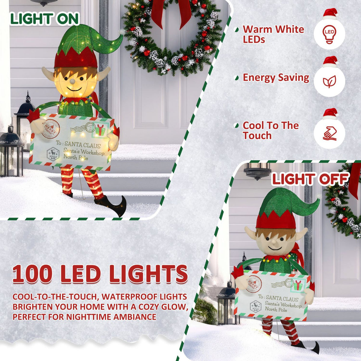 Elf Christmas Decoration with 100 Warm White LED Lights