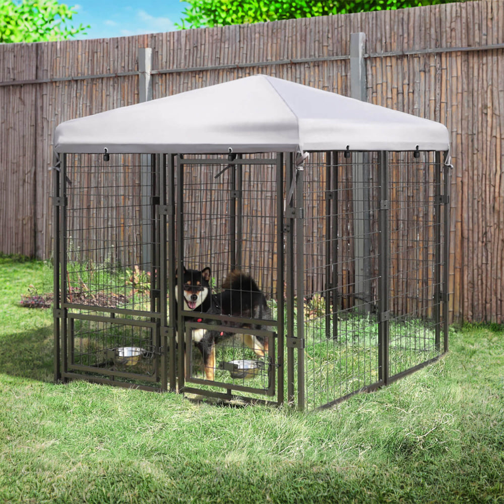 Rovibek 10x10 Ft Outdoor Dog Kennel With Roof - Galvanized Steel, Includes 2 Bowls, For Large Dogs