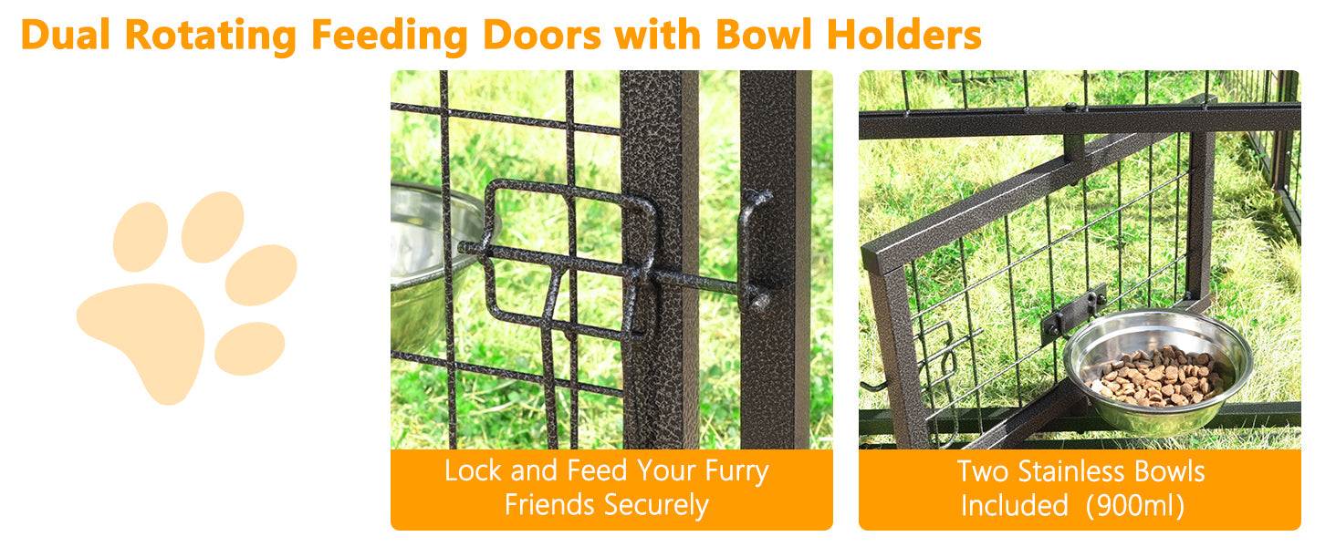 Outside dog cage with feed doors