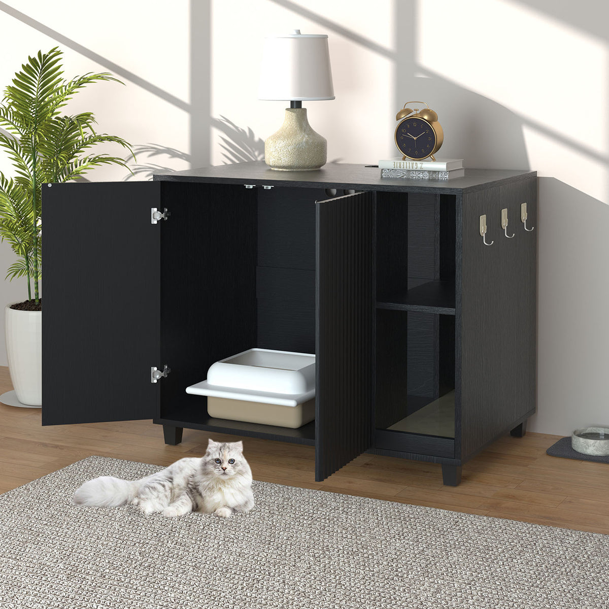 QuicMiou Hidden Cat Litter Box Enclosure – Furniture Cabinet With Scratcher Pad (Black, 31.5x19.7x19.7 Inches)