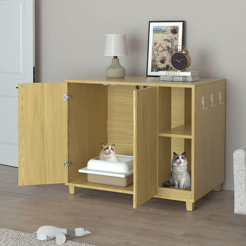 Veikous Hidden Cat Litter Box Enclosure, Cat Cabinet with 2 Doors, Cat Washroom Furniture with Scratch Pad