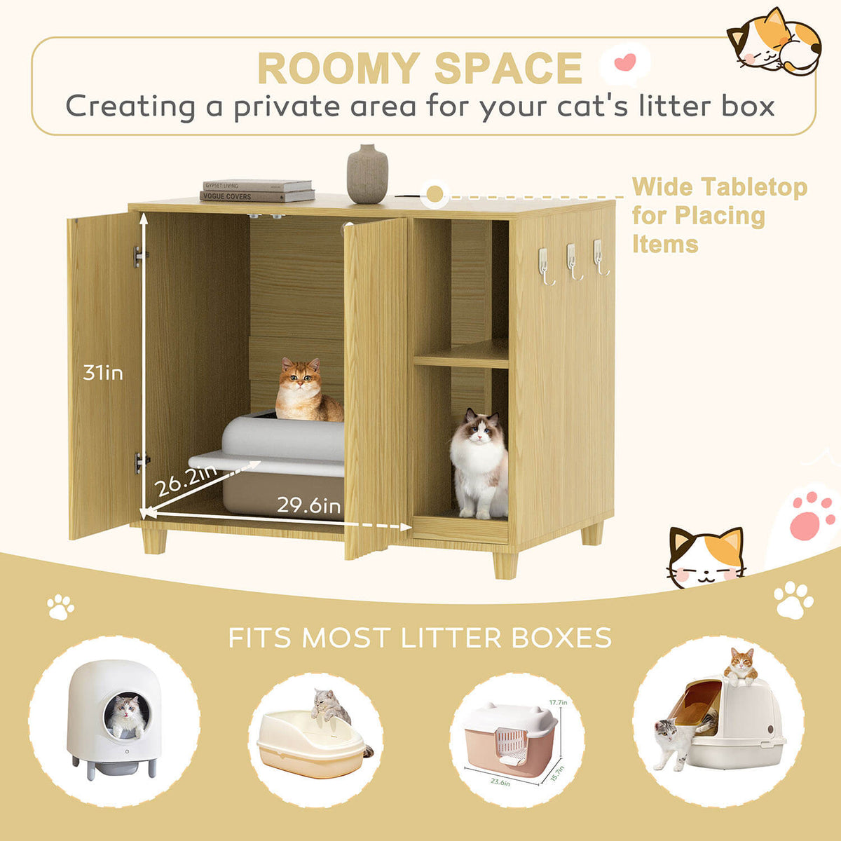 Veikous Hidden Cat Litter Box Enclosure, Cat Cabinet with 2 Doors, Cat Washroom Furniture with Scratch Pad