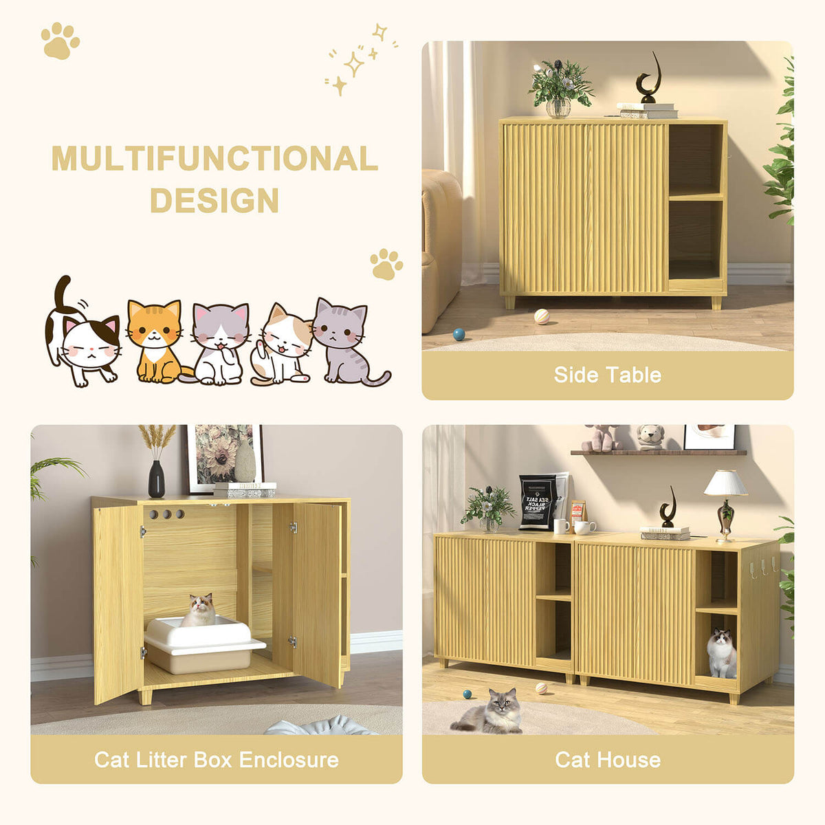 Veikous Hidden Cat Litter Box Enclosure, Cat Cabinet with 2 Doors, Cat Washroom Furniture with Scratch Pad