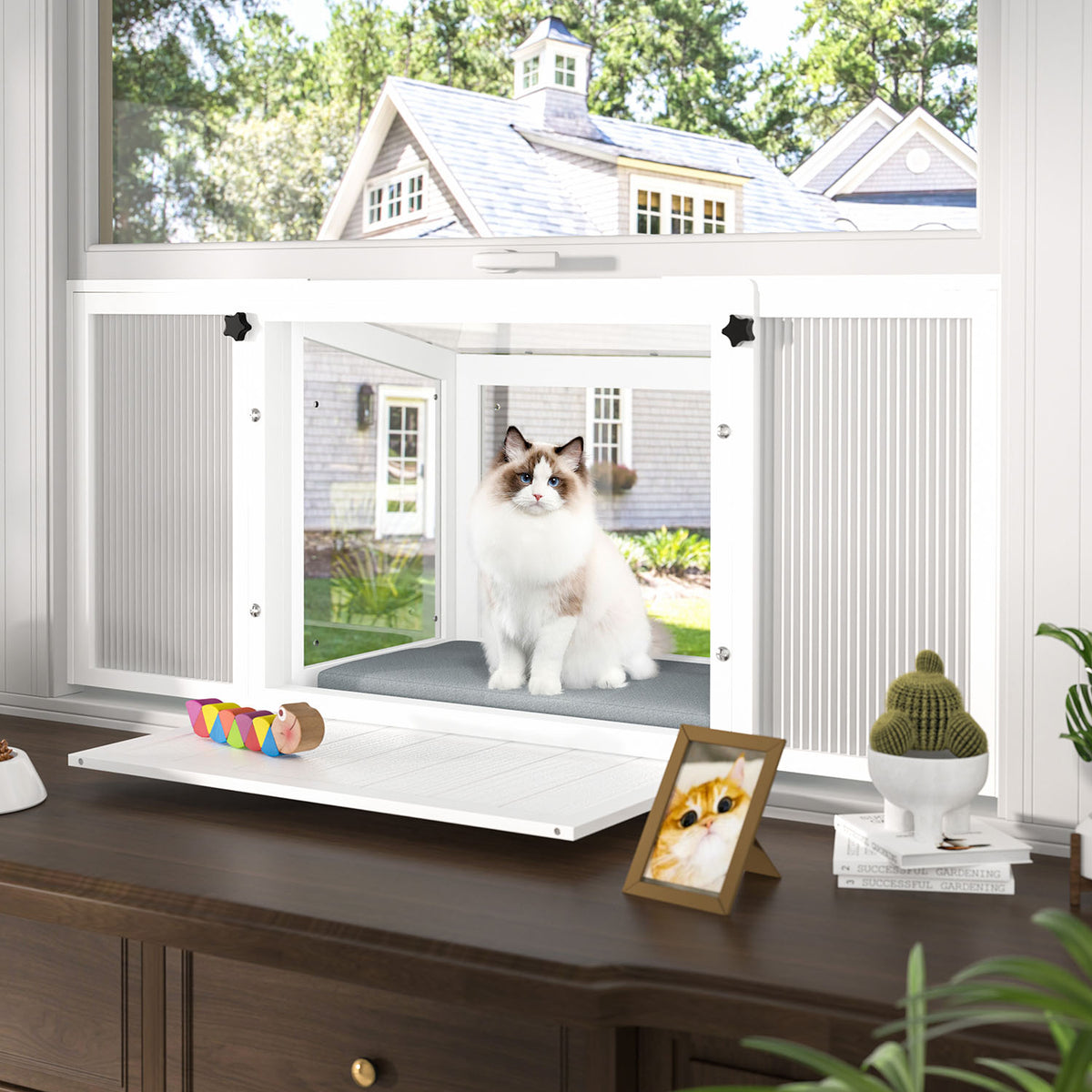Veikous Wooden Cat Window Box, Catio Window Perch for Sunbathing, Napping, Overlooking