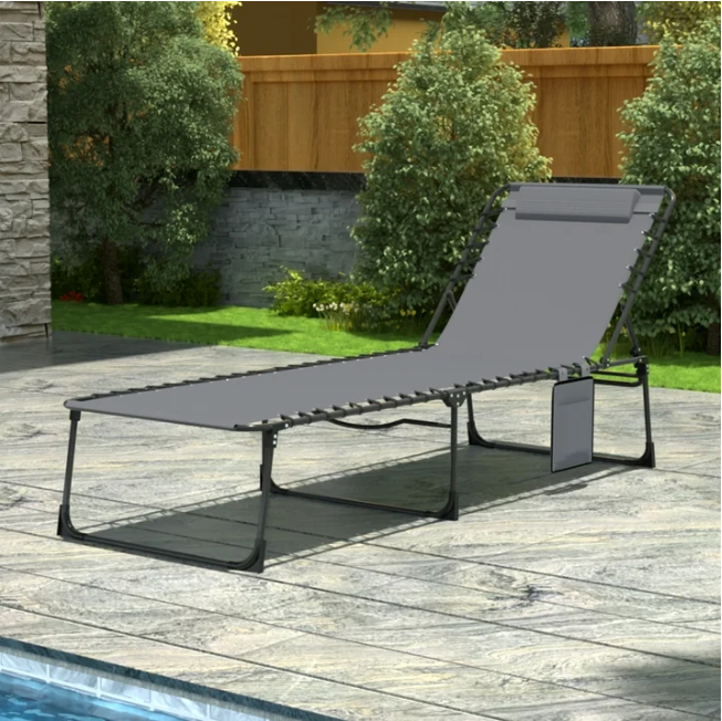 VEIKOUS 4-Fold Patio Chair – Folding Chaise Lounge with Pillow & Pocket, Lightweight for Deck, Poolside,Grey w
