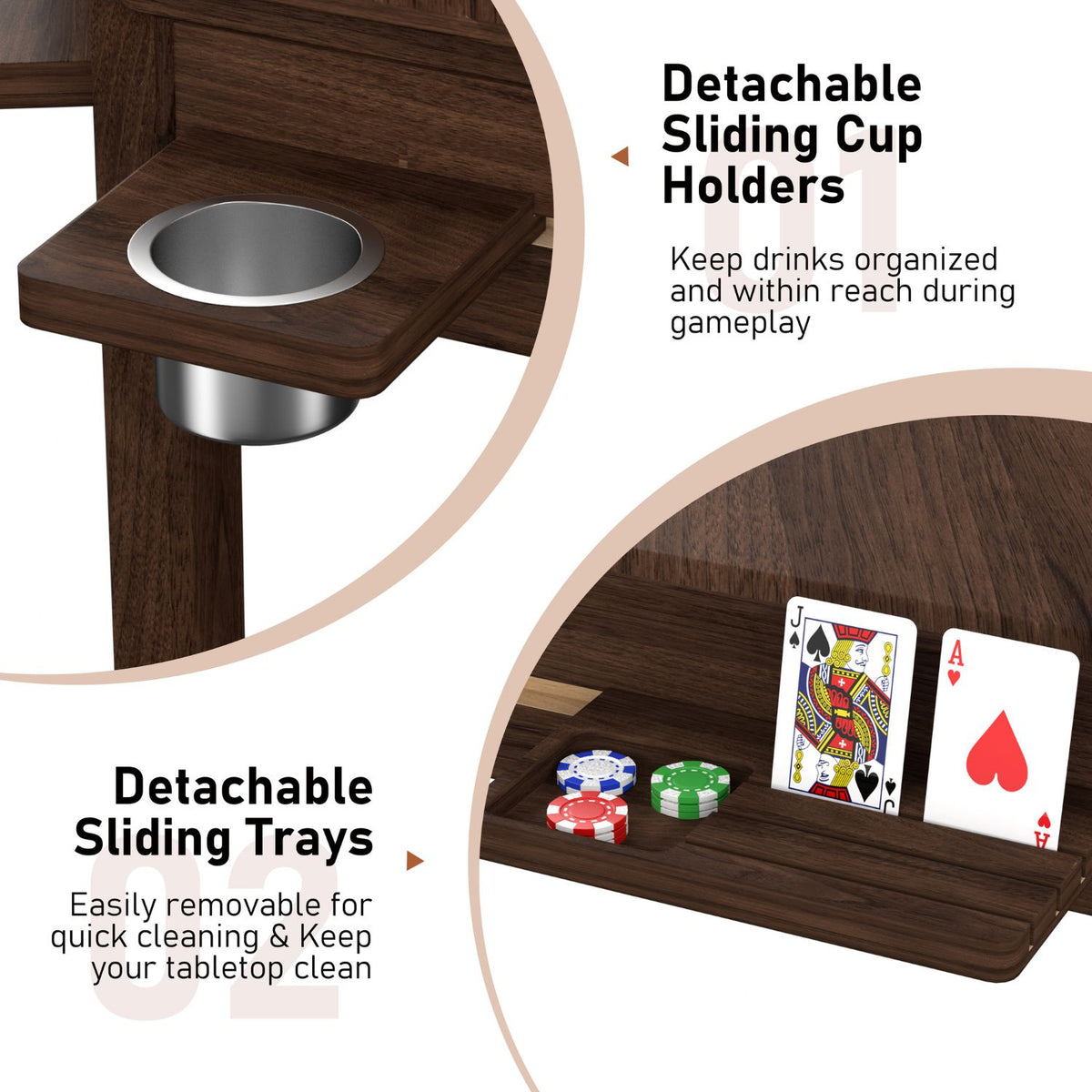 Wooden Game Table with Sliding Cup Holders and Trays