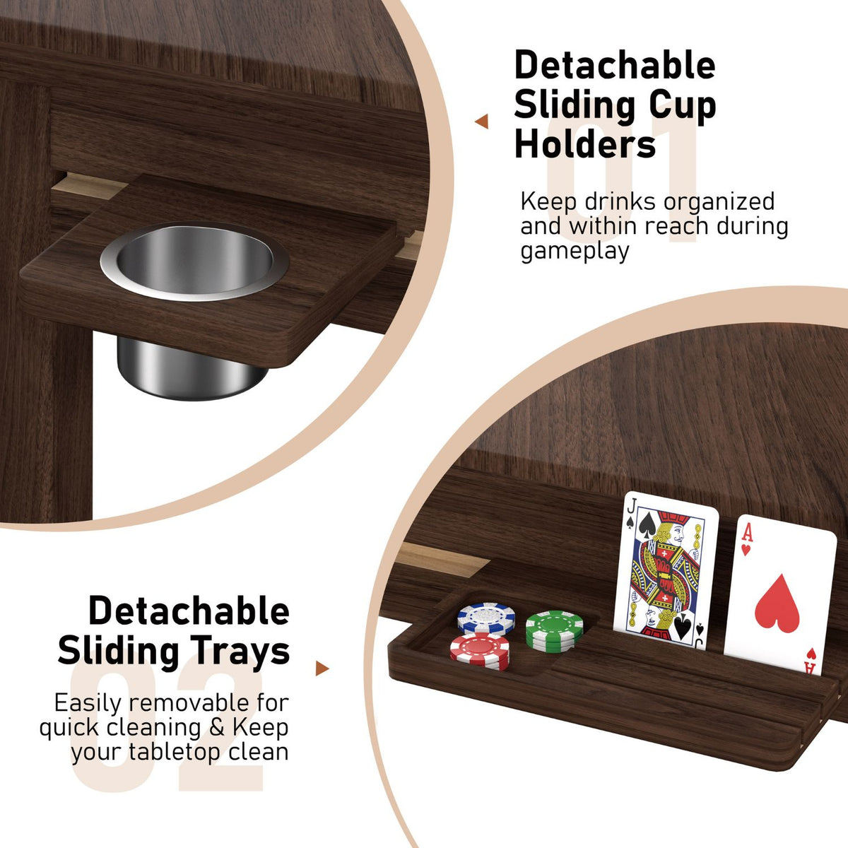 Wooden Game Table with Sliding Cup Holders and Trays
