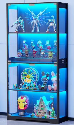 Veikous Glass Display Cabinet with Lights, 4-Tier Display Case Curio Cabinet with Doors, Black
