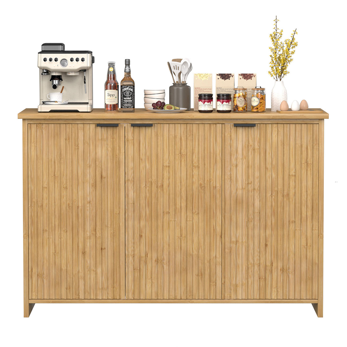 Veikous Fluted Sideboard, Accent Storage Cabinet with 3 Doors, Bamboo Console Cabinet with Storage