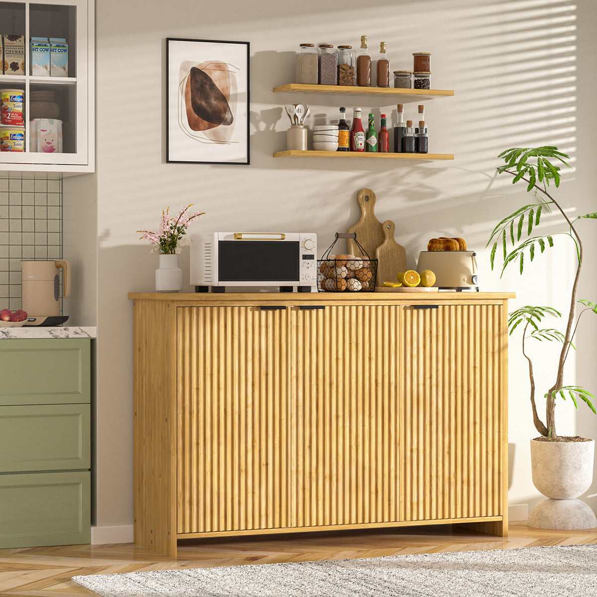 Veikous Fluted Sideboard, Accent Storage Cabinet with 3 Doors, Bamboo Console Cabinet with Storage