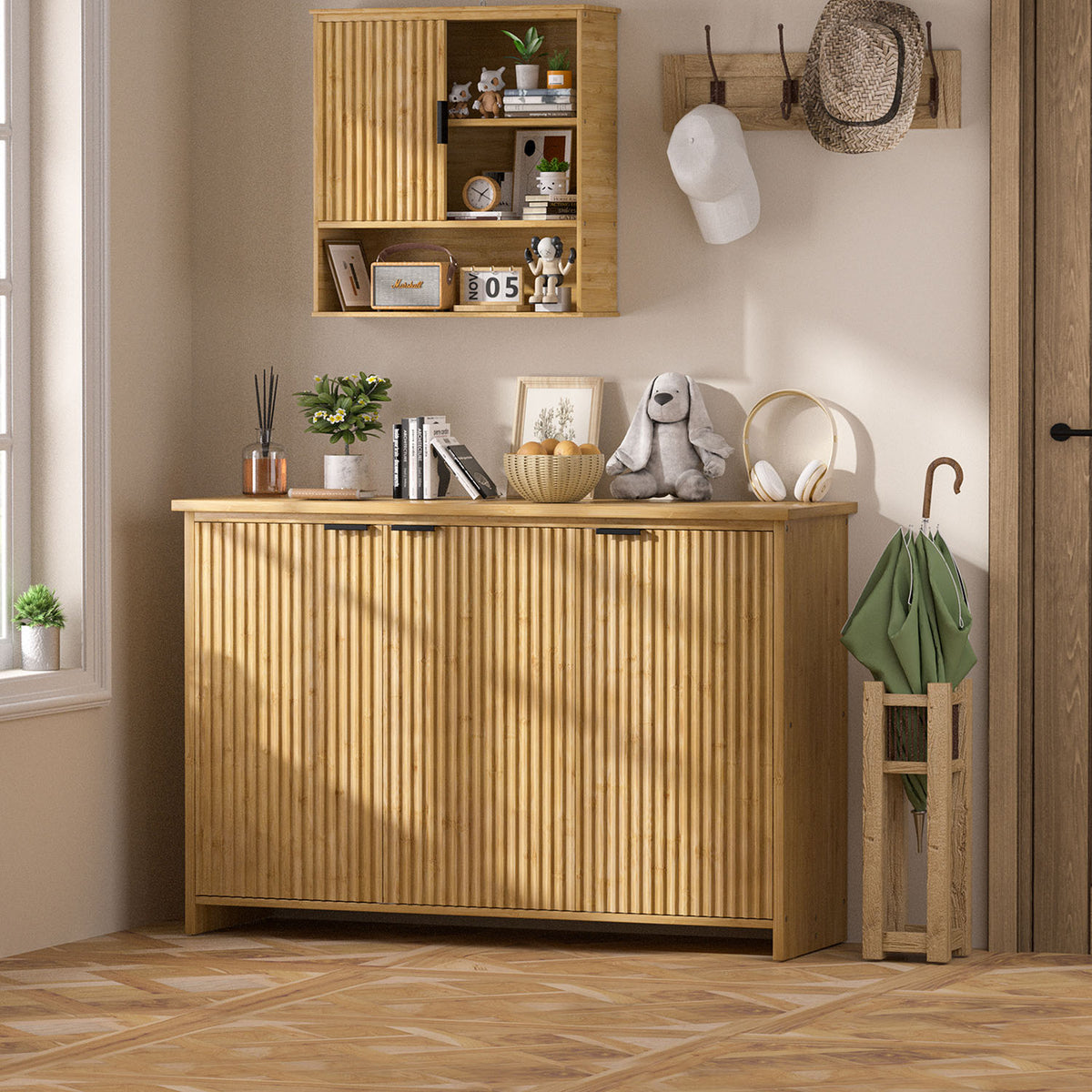 Veikous Fluted Sideboard, Accent Storage Cabinet with 3 Doors, Bamboo Console Cabinet with Storage