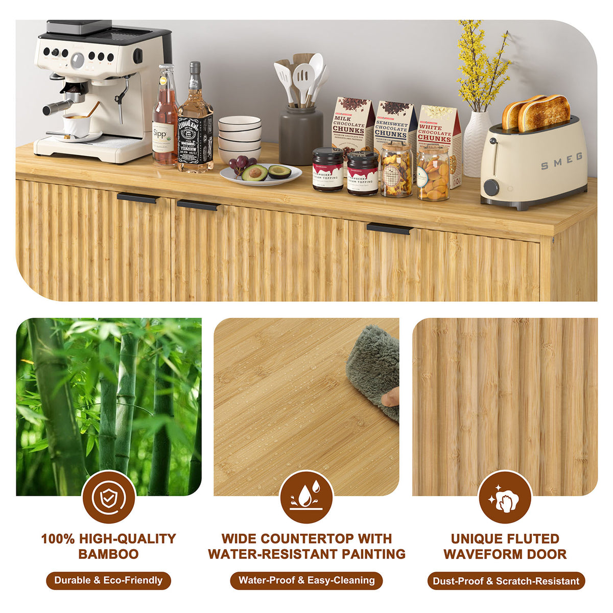 Veikous Fluted Sideboard, Accent Storage Cabinet with 3 Doors, Bamboo Console Cabinet with Storage