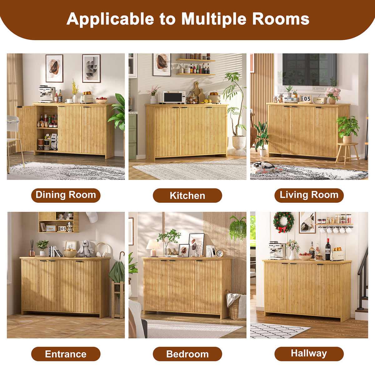 Veikous Fluted Sideboard, Accent Storage Cabinet with 3 Doors, Bamboo Console Cabinet with Storage