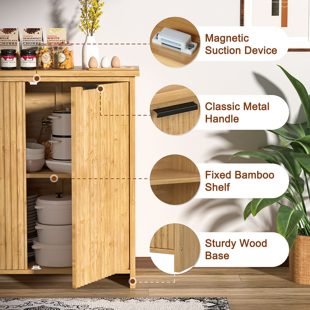 Veikous Fluted Sideboard, Accent Storage Cabinet with 3 Doors, Bamboo Console Cabinet with Storage