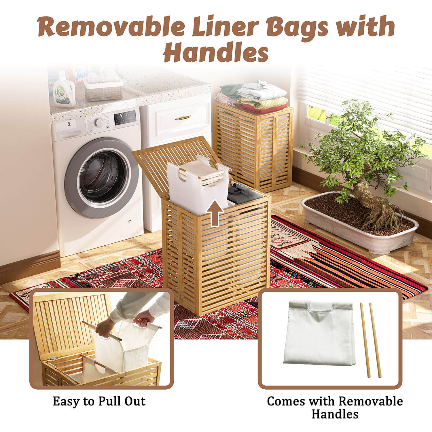 VEIKOUS Foldable Bamboo Hamper, Laundry Basket with Lid