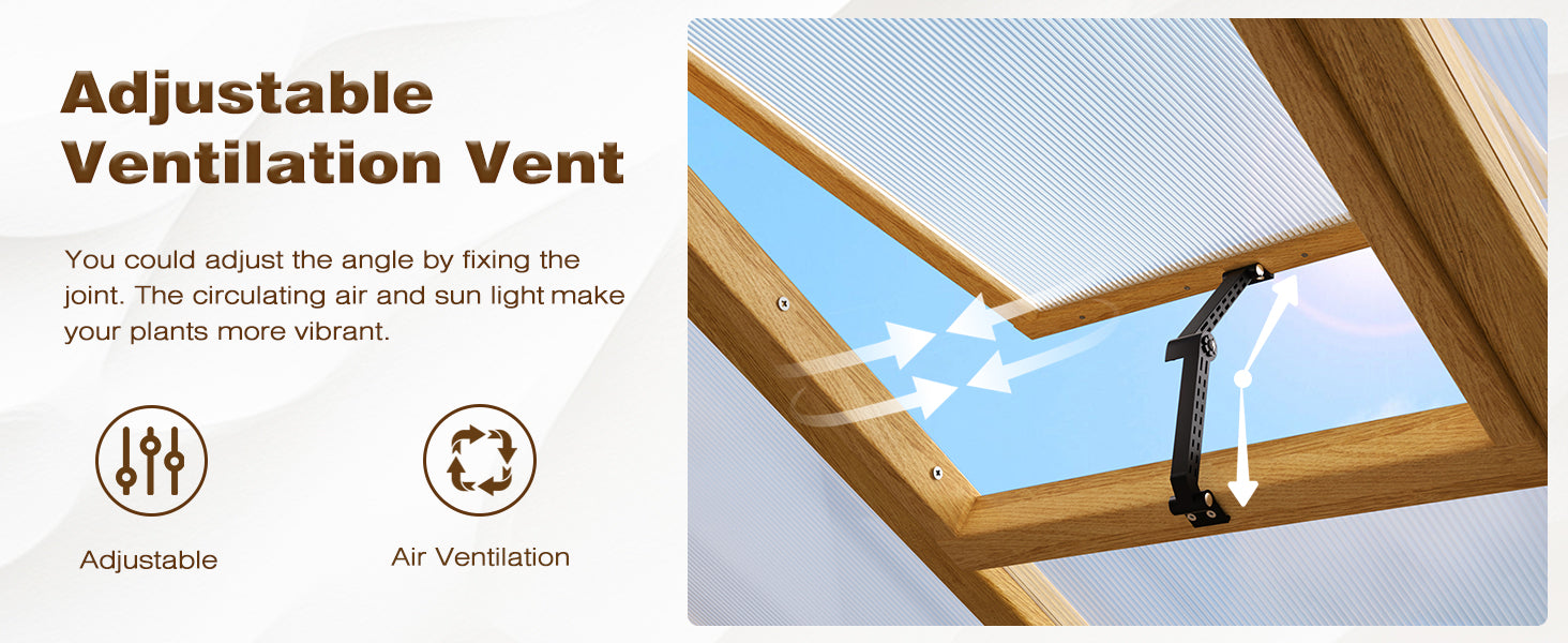 The small wood greenhouse has an adjustable vent, circulating air and sunlight.
