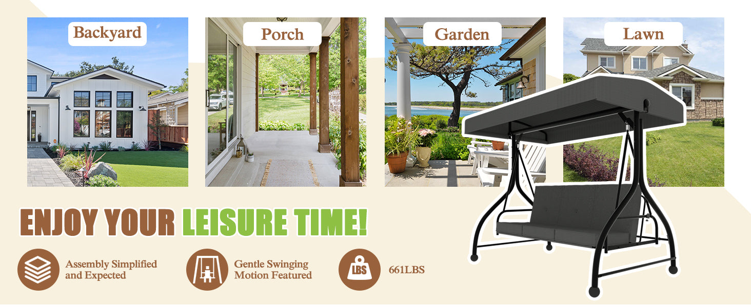 Three person swing for backyard, porch, garden