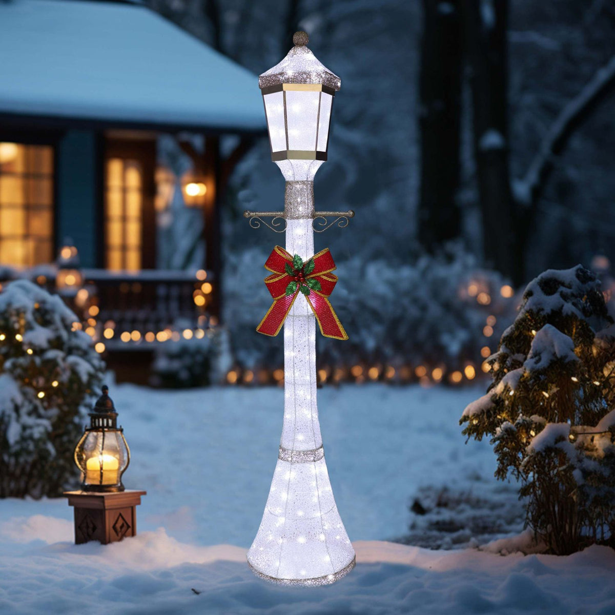 Christmas lighted outdoor lamp post, white