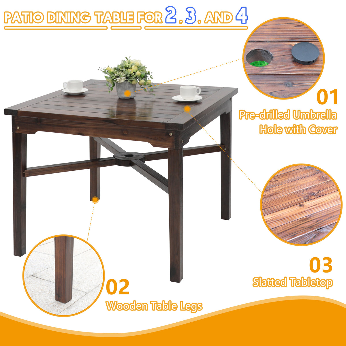 VEIKOUS Patio Table with Umbrella Hole, Square Outdoor Dining Table for 4