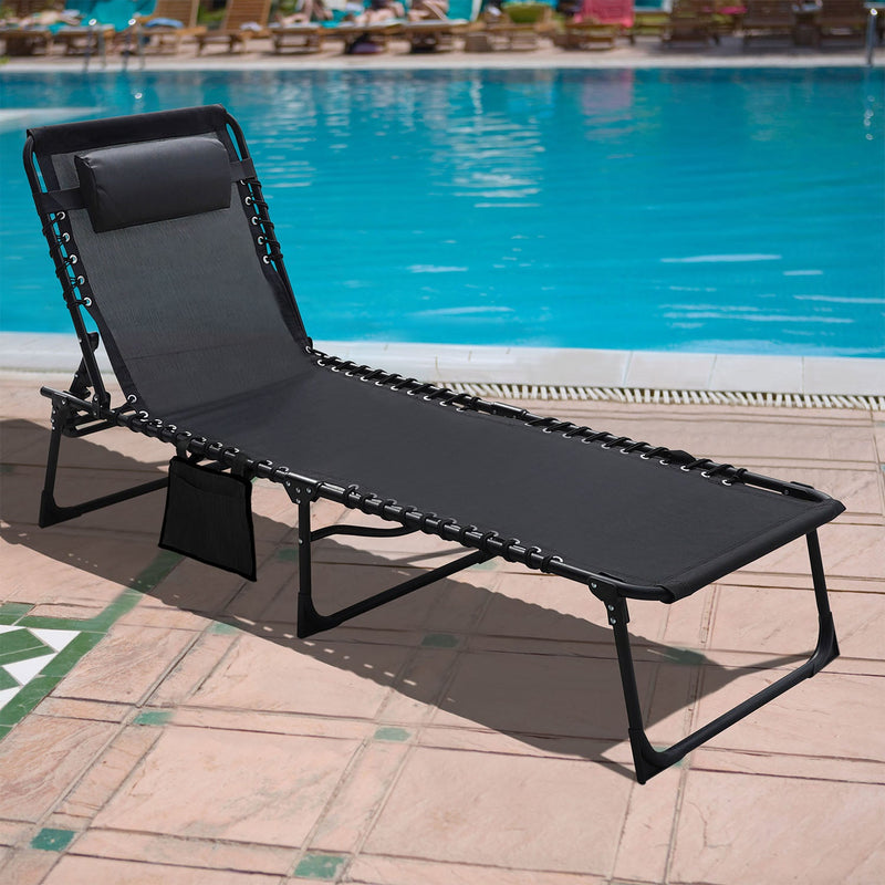 veikous 4-Fold Patio Chaise Lounge Chair with Pocket & Pillow -  veikous Chaise lounge 74.99
