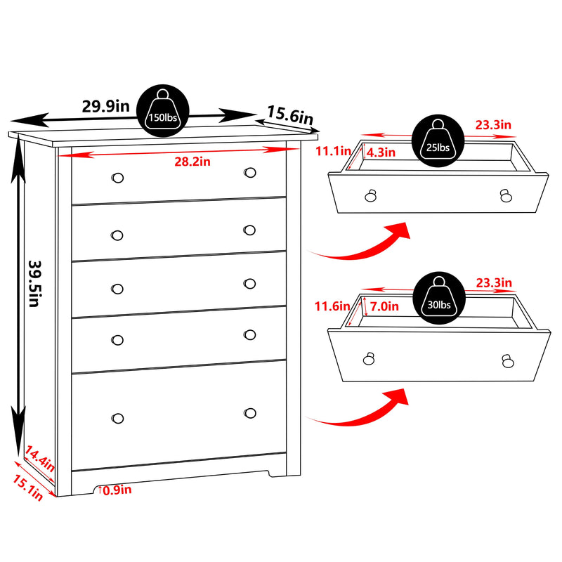 VEIKOUS Oversized Dresser Chest of Drawers for Bedroom Storage, Tall 5 Drawer Dresser Wood Grain with Metal Knobs for Living Room, Hallway and Entryway