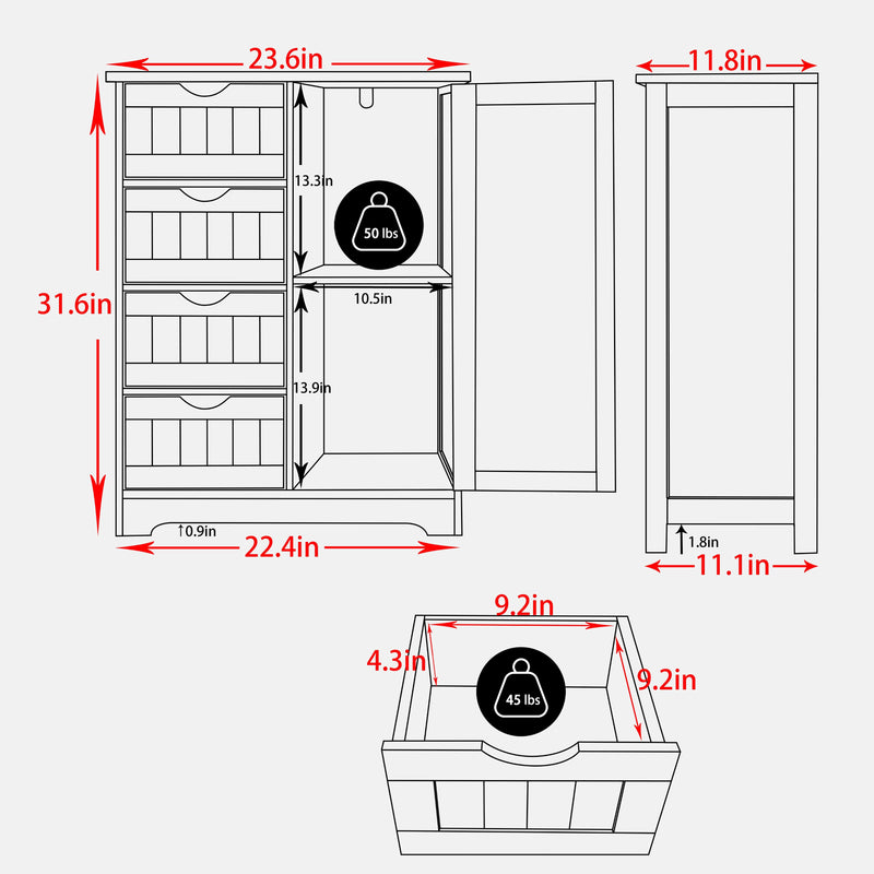 Small Bathroom Storage Cabinet Organizer with 4 Drawers and 1 Cupboard